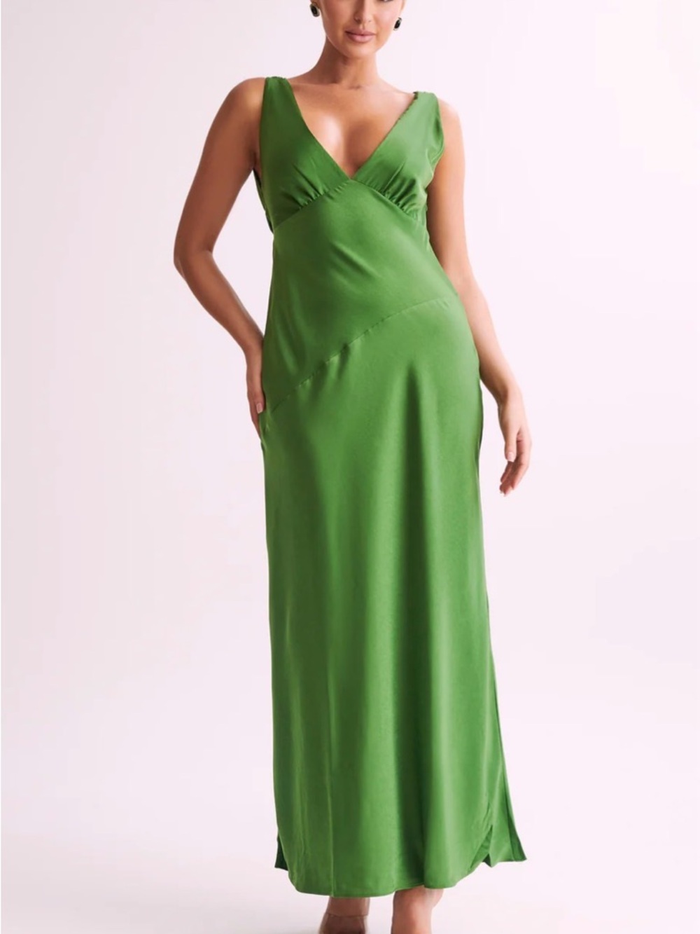 Nadia Emerald Green V-Neck Maxi Dress - Elegant Slip Silhouette